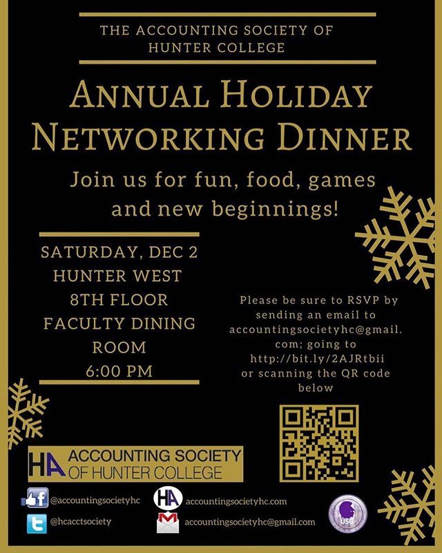 Make sure to RSVP for our annual holiday networking dinner. Don’t miss the chance to enjoy a night of delicious food and fun games! #holidayseason #accountingsociety #hunter