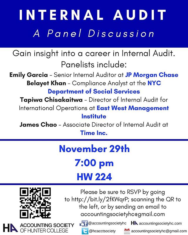Don’t miss the chance to learn all about internal audit! Our panel discussion may lead you to pursue a career in internal audit. #accountingsociety #internalaudit #hunter #accounting